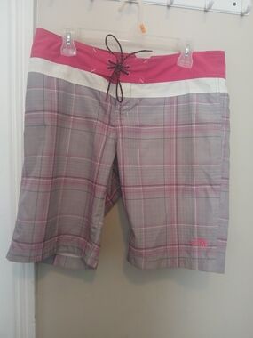 The North Face Pink and Gray Plaid Board Shorts